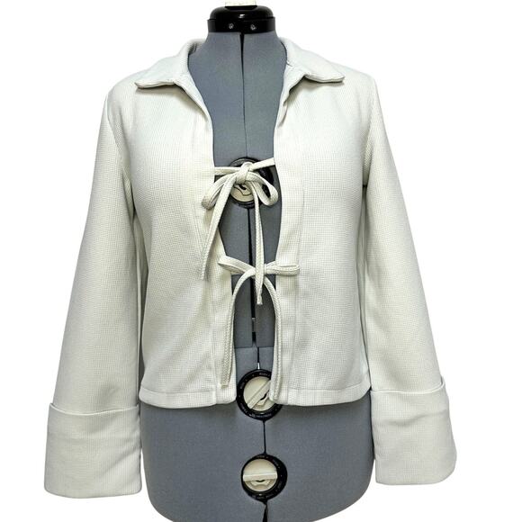 Commense Front Tie Cuffed Bell Sleeve Top Waffle Knit Collared Cardigan Sz: S - Picture 1 of 6